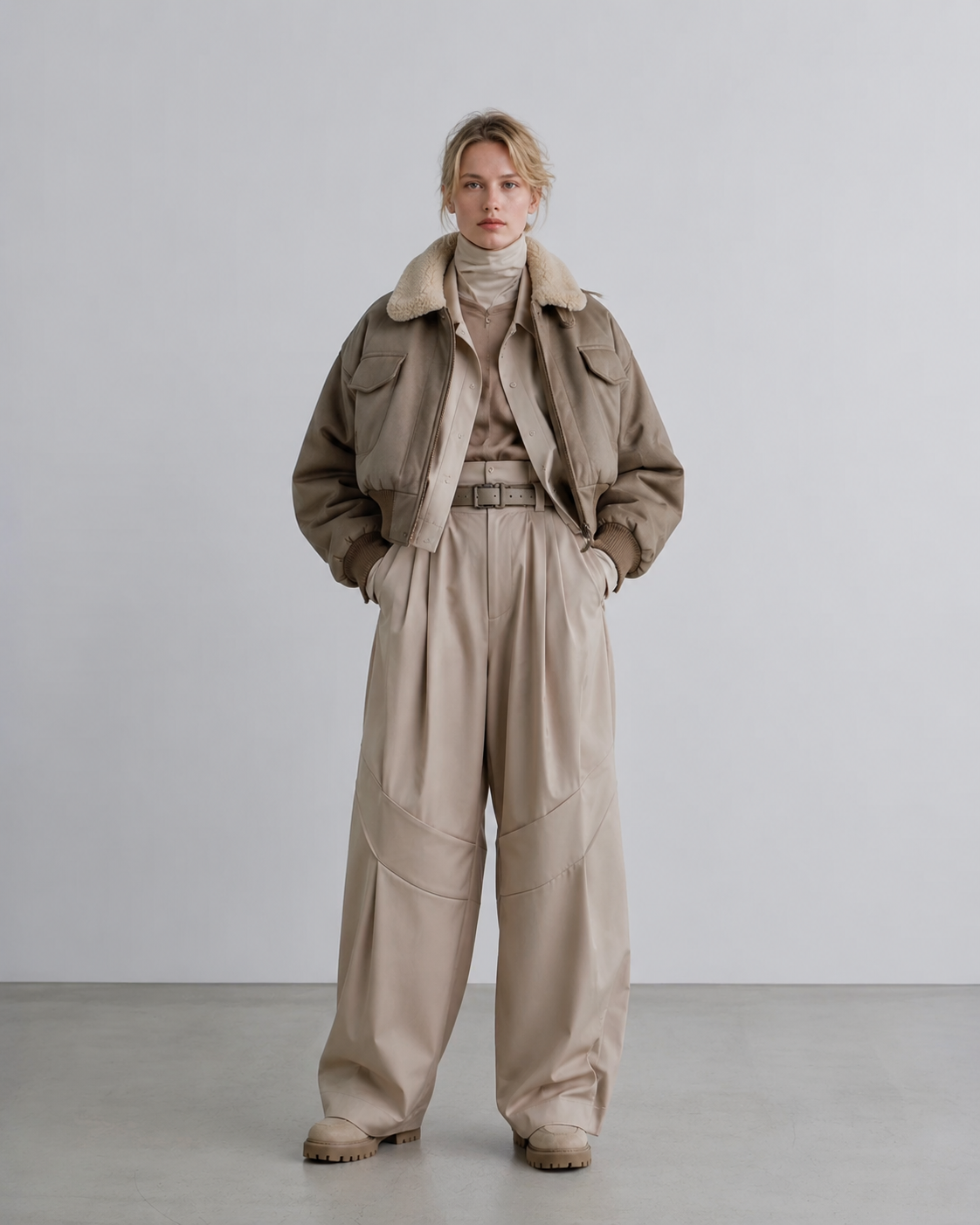 Look 04: wool two-piece editorial, blazer with draped scarf
